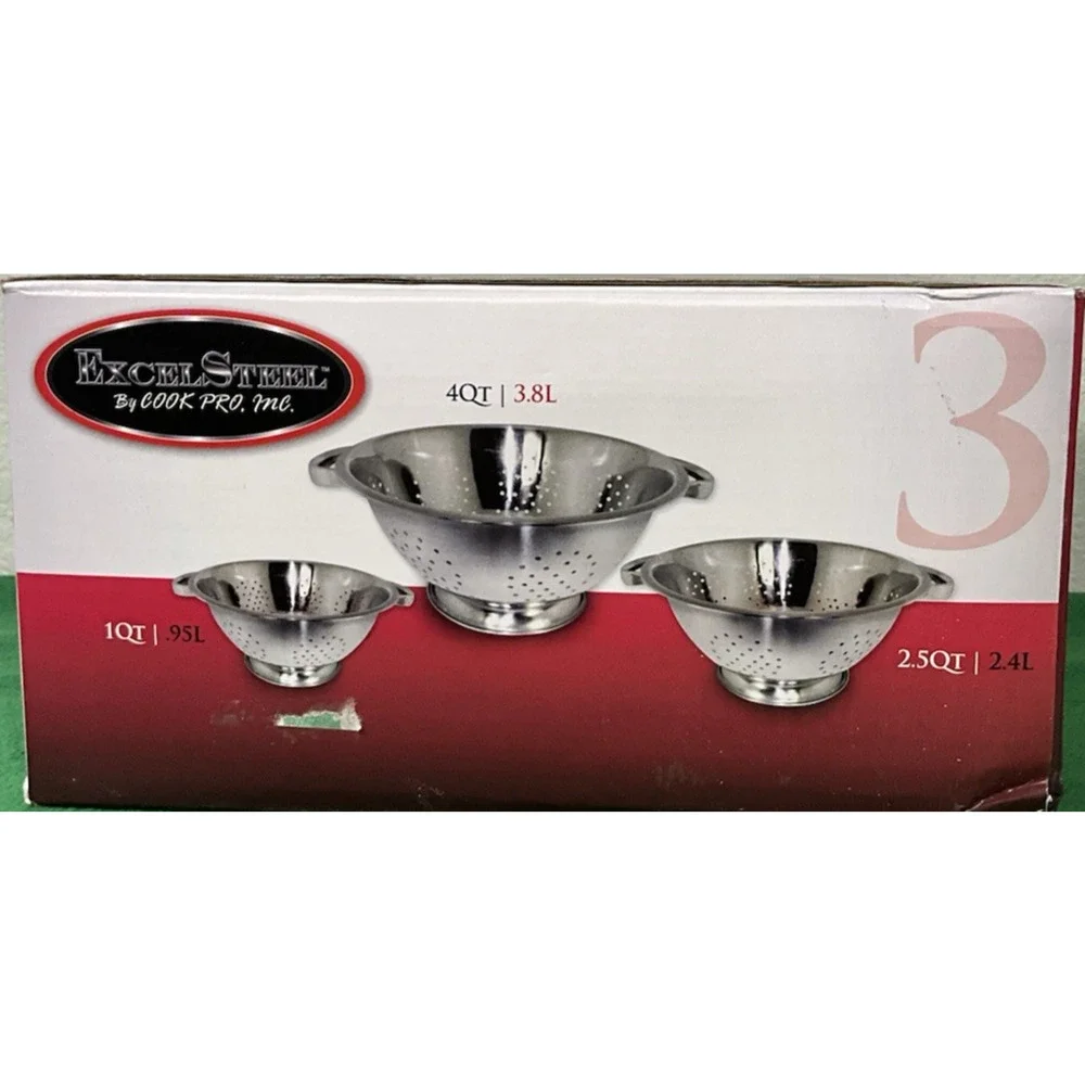 Brand New 3 Piece Set ExcelSteel Colander set w/ Sturdy Base, Stainless Steel